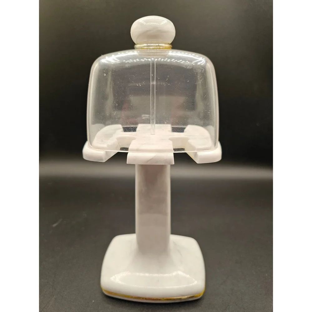 Faux Marble Pedestal Lipstick Holder with Clear Cloche Cover Gold Trim White SS